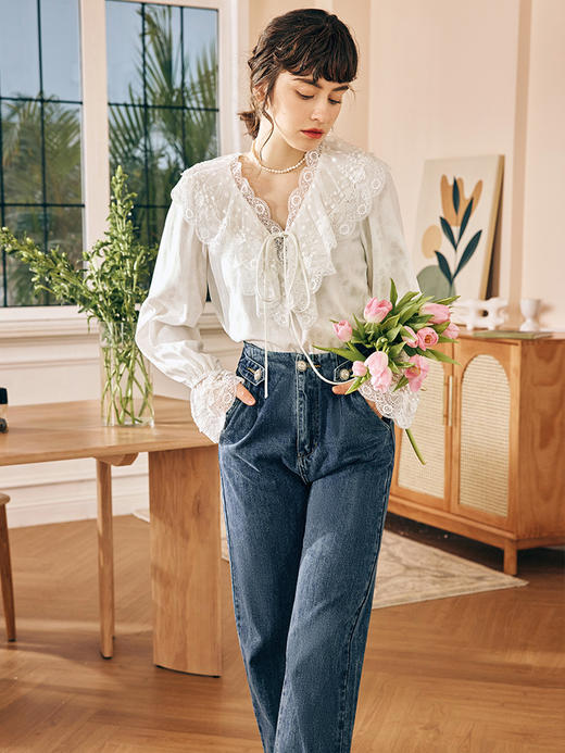 OLrain欧芮儿法式白色V领蕾丝雪纺衫女春季2023年新款荷叶边上衣 商品图3