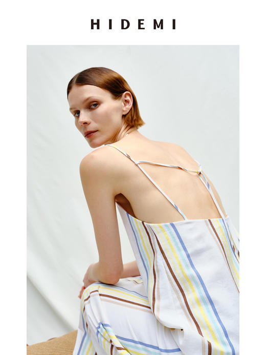 HIDEMI度假系列水洗阳光彩色条纹亚麻吊带连衣裙 商品图6
