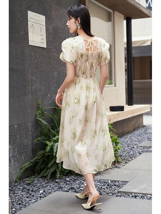 NEELLY纳俪法式方领印花连衣裙女泡泡袖水墨画气质收腰显瘦裙子夏N23044Y05522 商品图3