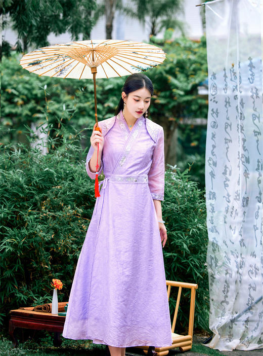 FLZD-2382禅意女装中国风改良汉服仙气复古文艺交领修身长裙紫色茶服连衣裙 商品图5