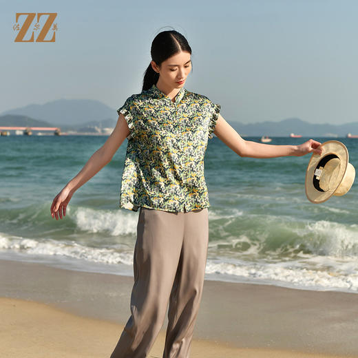 夏季新款 休闲小碎花无袖桑蚕丝真丝衬衣女E32CS33 商品图4