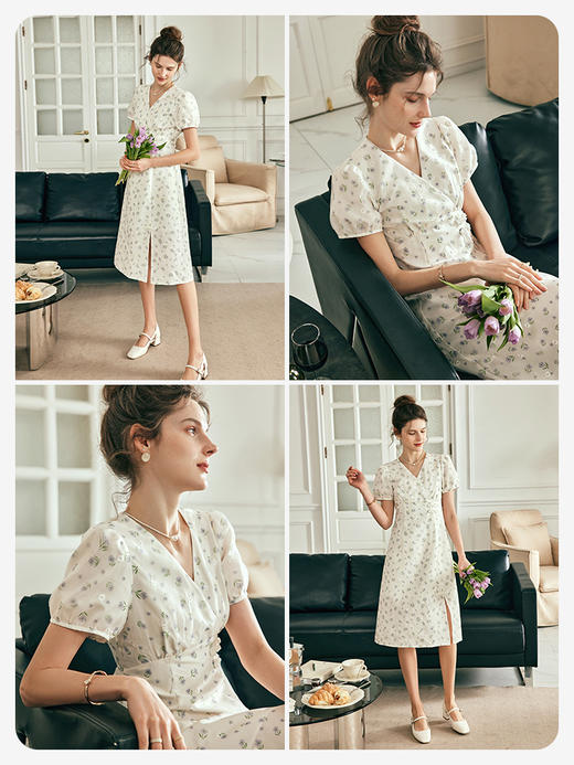 OLrain欧芮儿法式V领碎花连衣裙女夏季2023新款收腰垂感刺绣裙子 商品图2