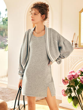 OLrain欧芮儿法式灰色连衣裙时尚套装女春季2023年新款针织两件套