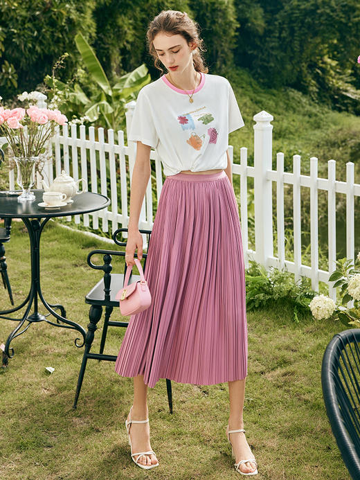 OLrain欧芮儿法式粉色半身裙女夏季2023年新款高腰百褶A字伞摆裙 商品图3