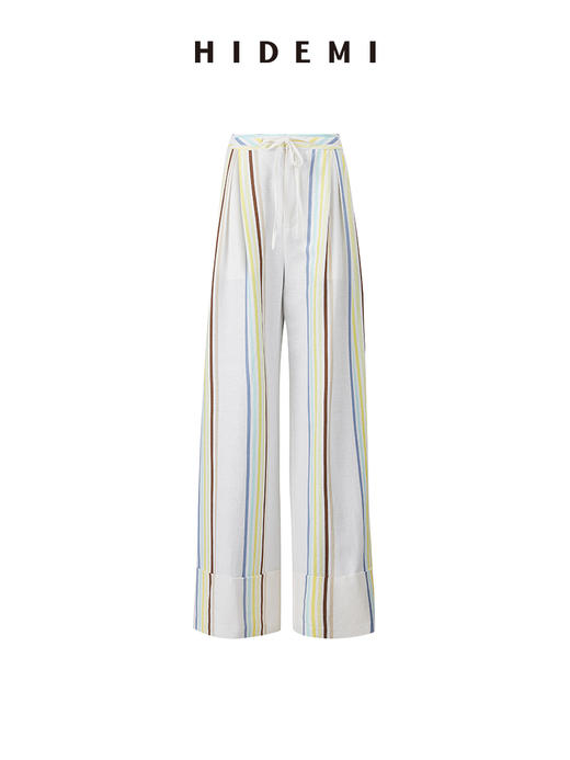 HIDEMI度假系列水洗阳光彩色条纹亚麻套装 背心/卷边阔腿裤 商品图10