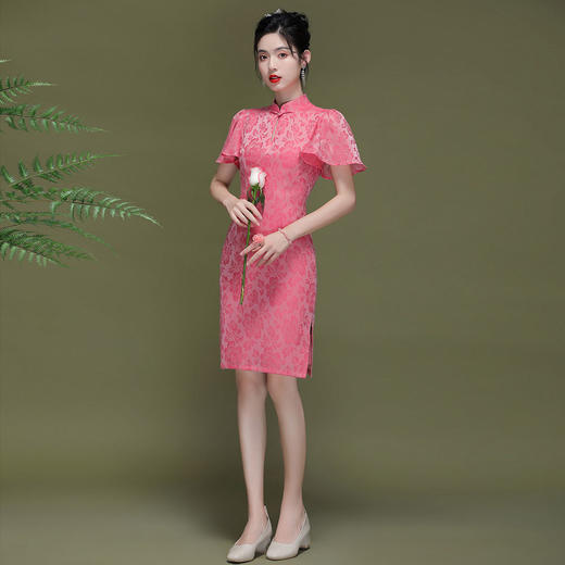 OY-230183夏季新款优雅提花桑波缎荷叶袖年轻改良款旗袍连衣裙230183 商品图9