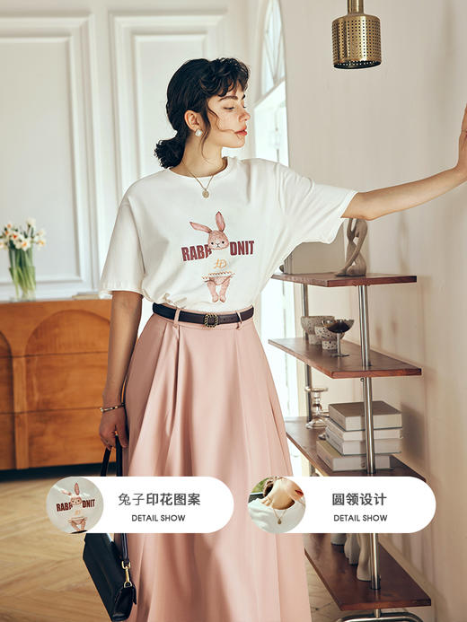 OLrain欧芮儿法式米白色短袖T恤女夏季2023新款时尚卡通印花上衣 商品图1