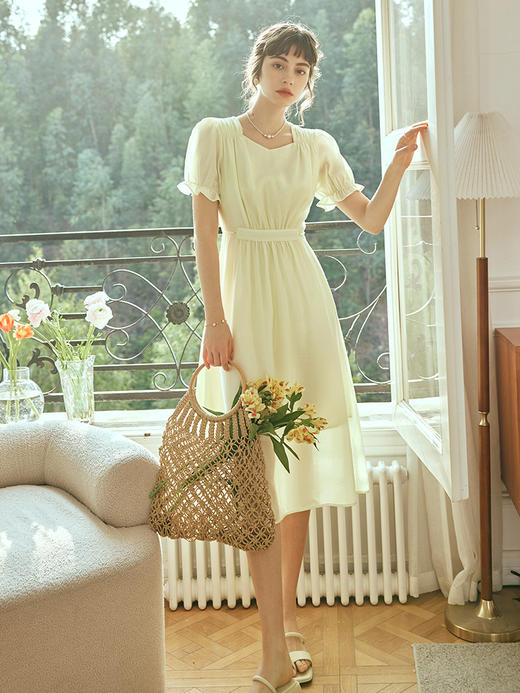 OLrain欧芮儿法式浅黄色连衣裙女夏季2023年新款收腰泡泡袖茶歇裙 商品图3