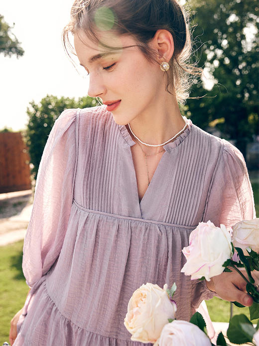 OLrain欧芮儿法式紫色网纱连衣裙女春季2023年新款胖MM娃娃装裙子 商品图1