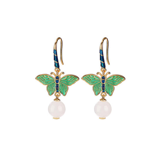 S925纯银和田白玉国潮景泰蓝圆珠蝴蝶耳坠CW-250 商品图4