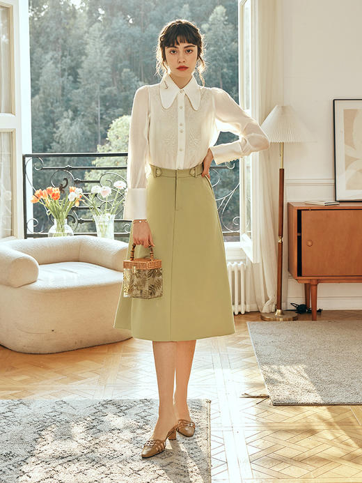 OLrain欧芮儿法式绿色半身裙女春季2023新款高腰中长款A字伞摆裙 商品图3