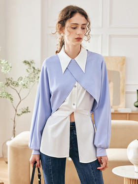 OLrain欧芮儿法式尖领衬衫女春季2023年新款宽松设计感两件套衬衣