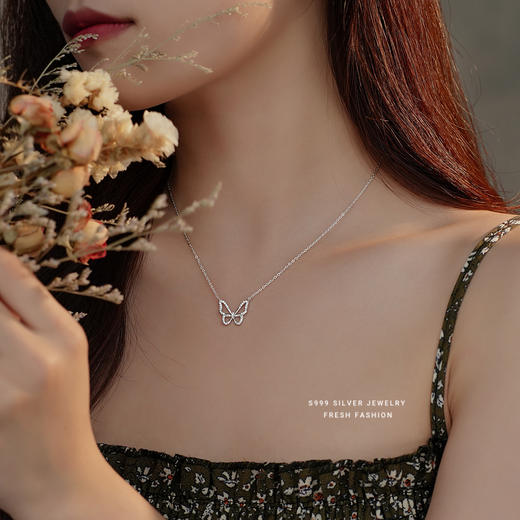 【夏蝶】S999银足银微镶边锆石镂空蝴蝶项链【YXS-A2355】 商品图1