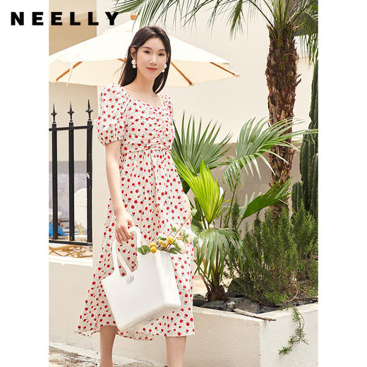 NEELLY纳俪法式高级感泡泡袖碎花连衣裙女夏季修身收腰显瘦裙子N23044Y05521 商品图0