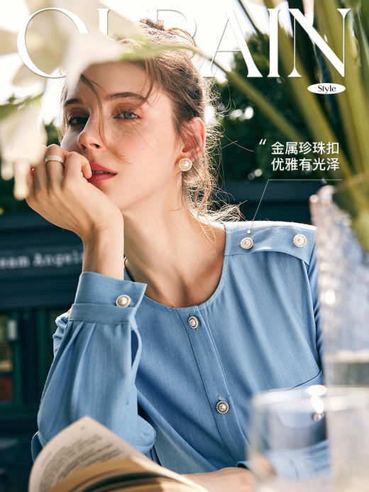 OLrain欧芮儿法式牛仔蓝衬衫女春季2023年新款宽松设计感圆领衬衣 商品图0