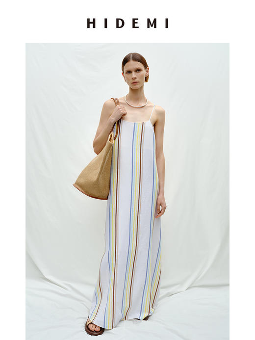 HIDEMI度假系列水洗阳光彩色条纹亚麻吊带连衣裙 商品图2