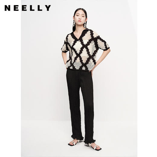 NEELLY纳俪商场同款夏季轻薄黑色休闲裤女花边脚口直筒长裤时尚N23061H01205 商品图1