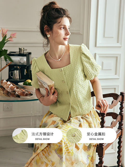 OLrain欧芮儿法式方领蕾丝雪纺衫女夏季2023新款肌理感泡泡袖上衣 商品图1