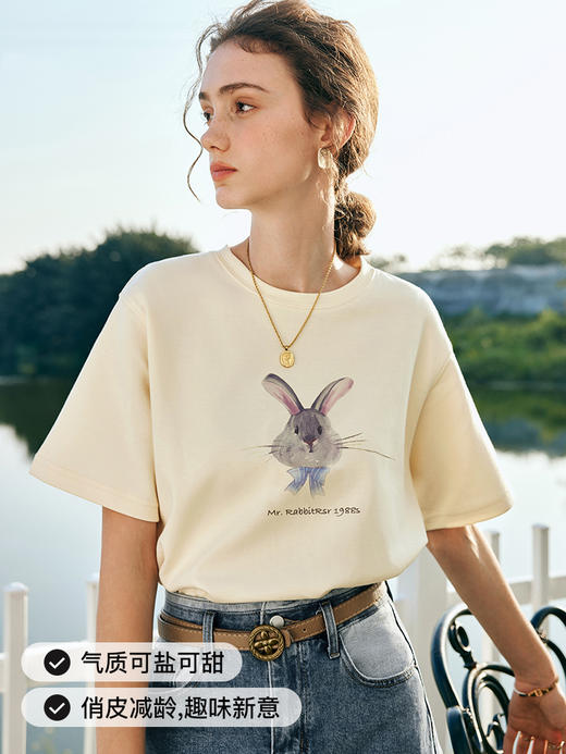 欧芮儿法式短袖T恤女夏装新款宽松卡通兔子印花上衣设计感体恤衫 商品图1