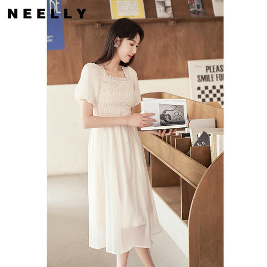 NEELLY纳俪法式温柔超仙连衣裙女泡泡袖夏季甜美压褶显瘦初恋裙N23054Y05525 商品图2