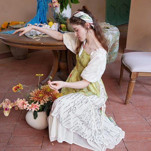 两三事梵高艺术荷以清凉夏季田园风泡泡袖印花绑带连衣裙 商品图4