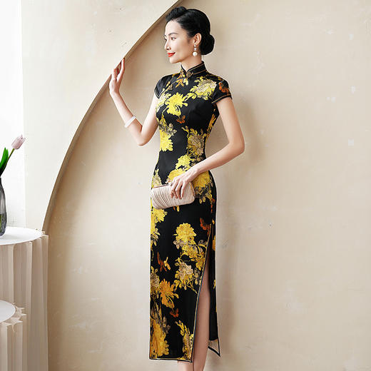 WXG 性感黑真丝桑蚕丝印花旗袍 商品图3