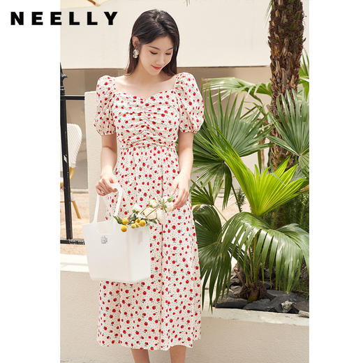 NEELLY纳俪法式高级感泡泡袖碎花连衣裙女夏季修身收腰显瘦裙子N23044Y05521 商品图1