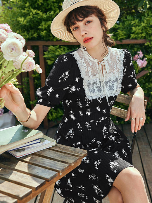 OLrain欧芮儿法式黑色碎花连衣裙女夏季2023年新款收腰蕾丝领裙子 商品图1