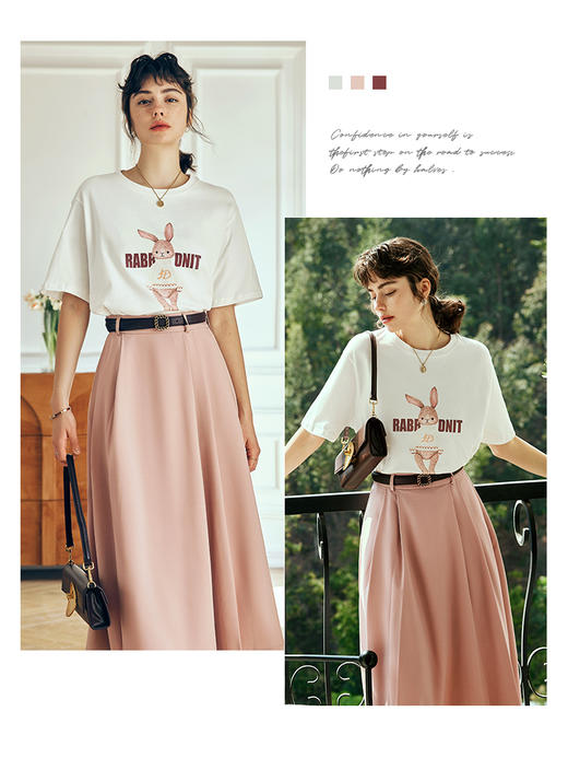 OLrain欧芮儿法式米白色短袖T恤女夏季2023新款时尚卡通印花上衣 商品图2