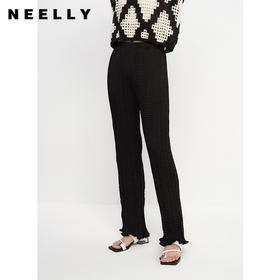NEELLY纳俪商场同款夏季轻薄黑色休闲裤女花边脚口直筒长裤时尚N23061H01205
