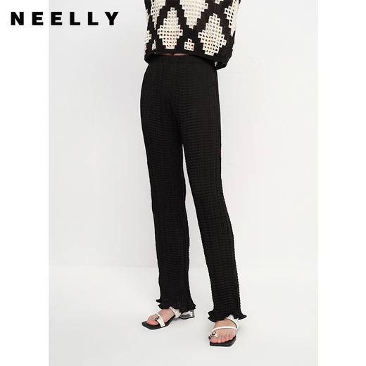 NEELLY纳俪商场同款夏季轻薄黑色休闲裤女花边脚口直筒长裤时尚N23061H01205 商品图0