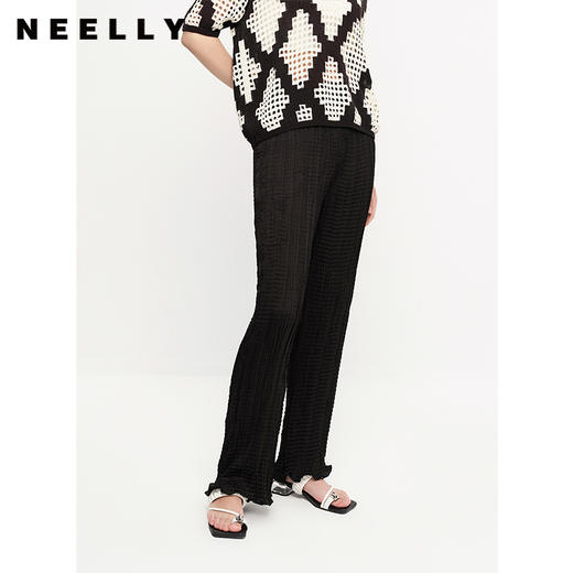 NEELLY纳俪商场同款夏季轻薄黑色休闲裤女花边脚口直筒长裤时尚N23061H01205 商品图2