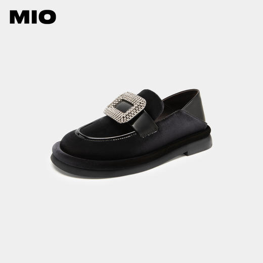 MIO米奥秋季粗跟圆头小皮鞋方扣复古单鞋一脚蹬乐福鞋女 M234500568 商品图1