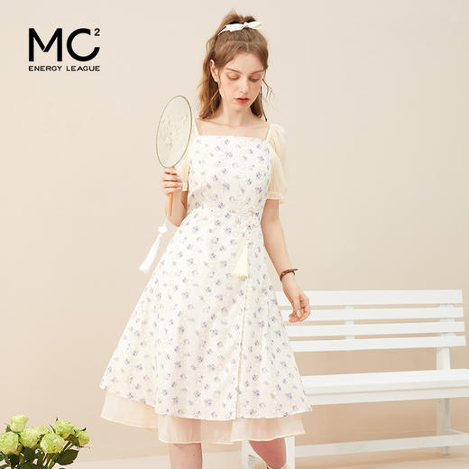 女装一字领蕾丝印花盘扣装饰长款连衣裙-110Q3222023 商品图1