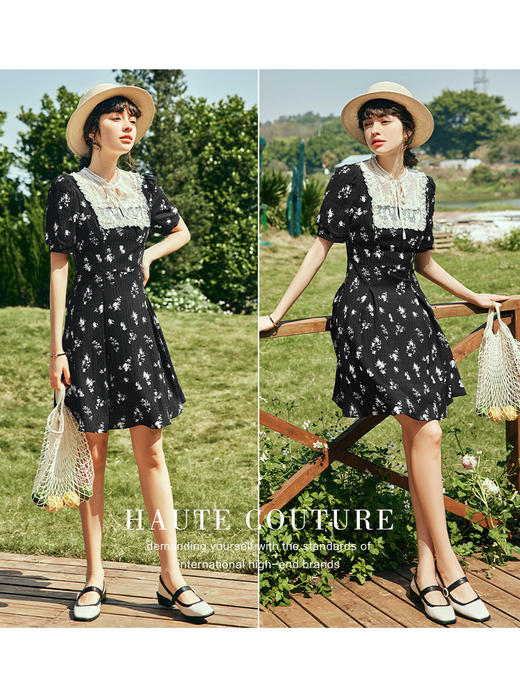 OLrain欧芮儿法式黑色碎花连衣裙女夏季2023年新款收腰蕾丝领裙子 商品图2