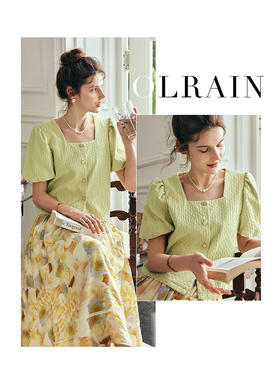 OLrain欧芮儿法式方领蕾丝雪纺衫女夏季2023新款肌理感泡泡袖上衣