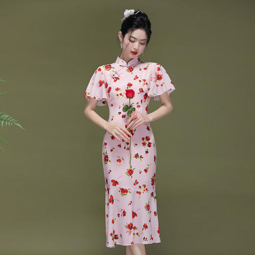 OY-230177新款中国风荷叶袖鱼尾改良旗袍连衣裙230177 商品图7