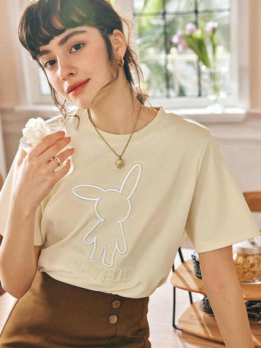 OLrain欧芮儿法式短袖T恤女夏季2023年新款宽松立体兔子印花上衣 商品图1