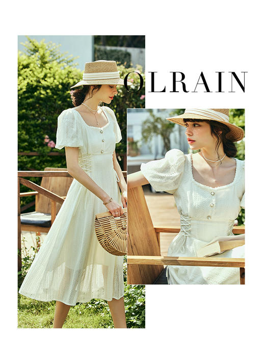 OLrain欧芮儿法式方领连衣裙女夏季2023年新款收腰系带泡泡袖裙子 商品图0