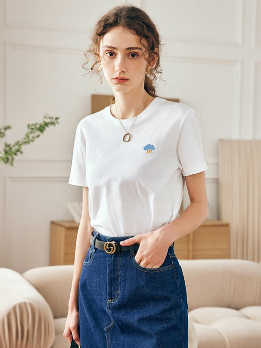 OLrain欧芮儿法式米白色短袖T恤女夏季2023新款宽松刺绣纯棉上衣 商品图2