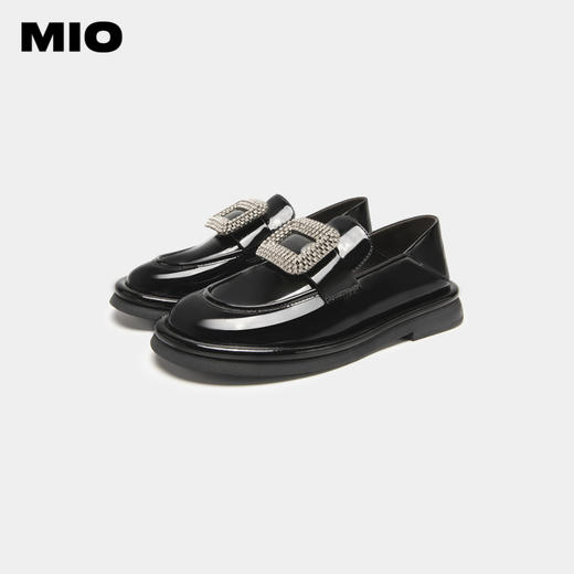 MIO米奥秋季粗跟圆头小皮鞋方扣复古单鞋一脚蹬乐福鞋女 M234500568 商品图3