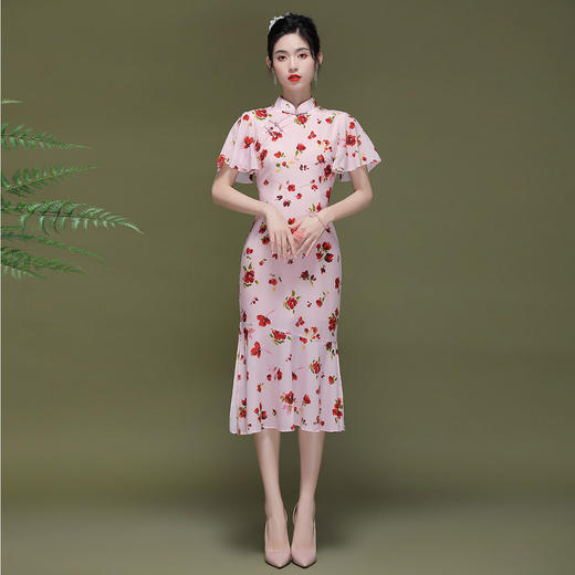 OY-230177新款中国风荷叶袖鱼尾改良旗袍连衣裙230177 商品图2