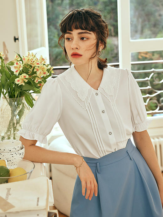 OLrain欧芮儿法式白色蕾丝雪纺衫女夏季2023新款气质时尚别致衬衫 商品图0