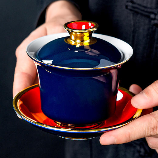 【日用百货】-霁蓝创意宫廷三才盖碗中式陶瓷简约泡茶碗 商品图0