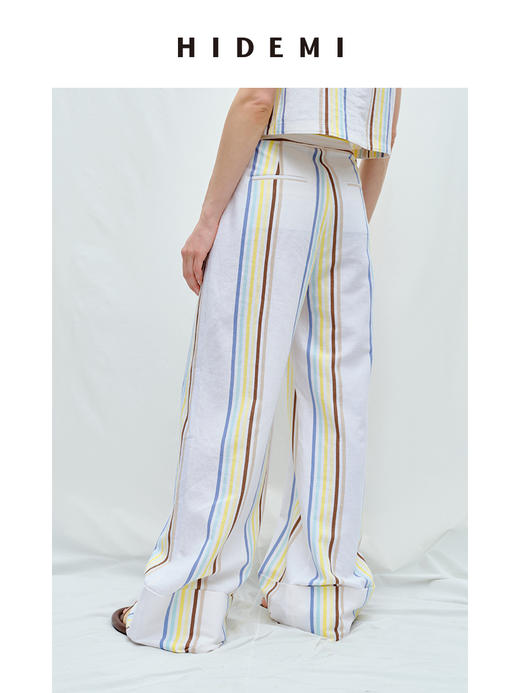 HIDEMI度假系列水洗阳光彩色条纹亚麻套装 背心/卷边阔腿裤 商品图5