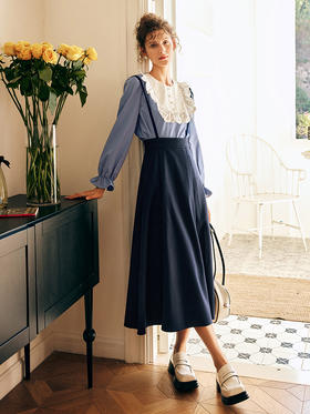 OLrain欧芮儿法式藏青色吊带半身裙女夏季2023新款高腰A字伞摆裙