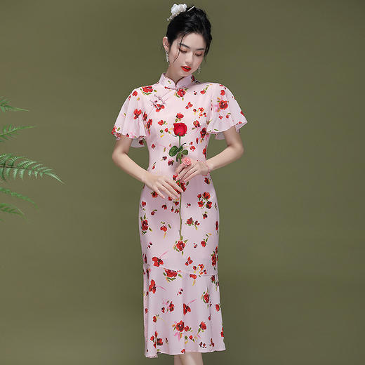 OY-230177新款中国风荷叶袖鱼尾改良旗袍连衣裙230177 商品图5