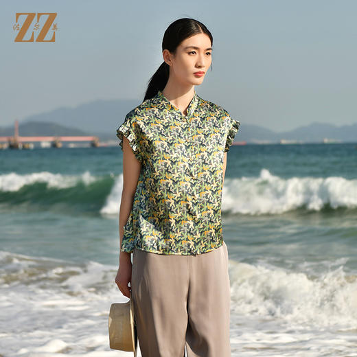 夏季新款 休闲小碎花无袖桑蚕丝真丝衬衣女E32CS33 商品图2