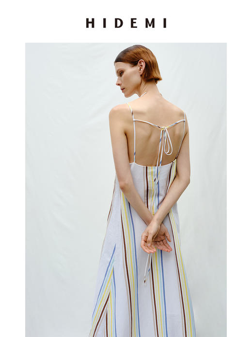 HIDEMI度假系列水洗阳光彩色条纹亚麻吊带连衣裙 商品图4