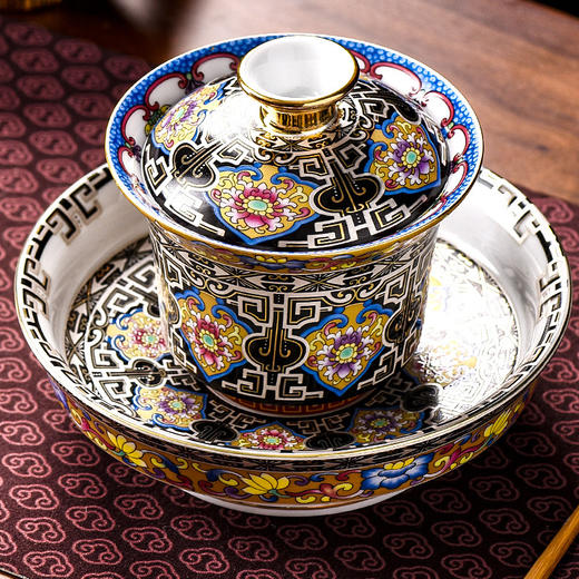 【日用百货】-珐琅彩宫廷三才盖碗家用创意陶瓷泡茶碗 商品图0